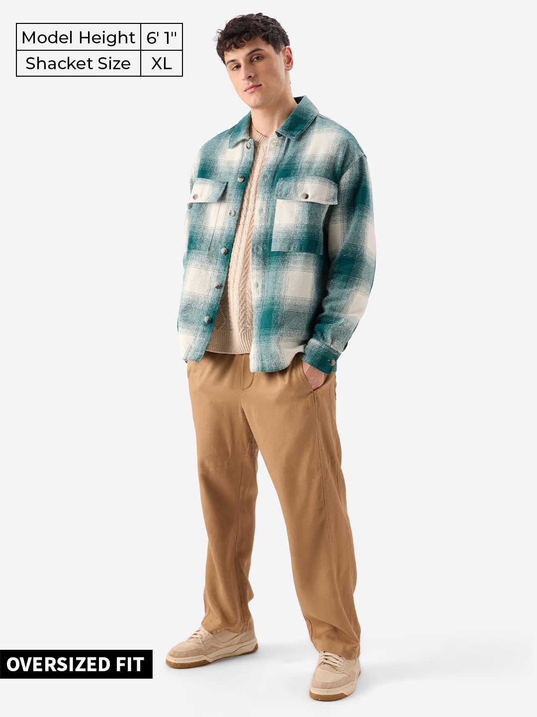 The Souled Store Plaid : Light Emerald and White Men and Boys Long Sleeve Collared Neck Button Front Cotton Oversized Fit Flannel Shackets