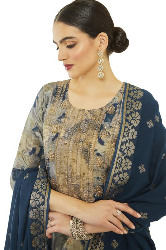 Soch Womens Navy Blue Brocade Abstract Print Suit Set with Zari Woven Dupatta