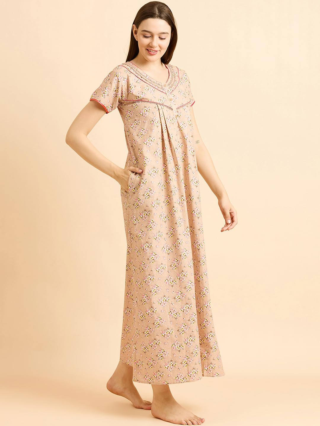 Sweet Dreams Women's Cotton Maxi Casual Nightgown (OCW-3582 Khakhi L)