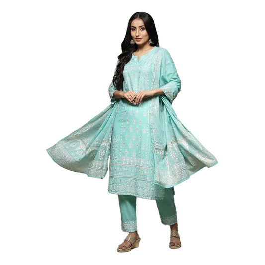 Biba Women's Cotton Salwar Kurta Dupatta Suit Set Sea Green M