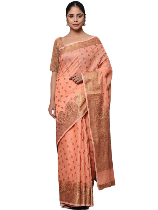 leeza store Women's Peach Cotton Silk Blend Golden Zari Tree Pattern Border Rich Pallu Banarasi Saree With Blouse Piece