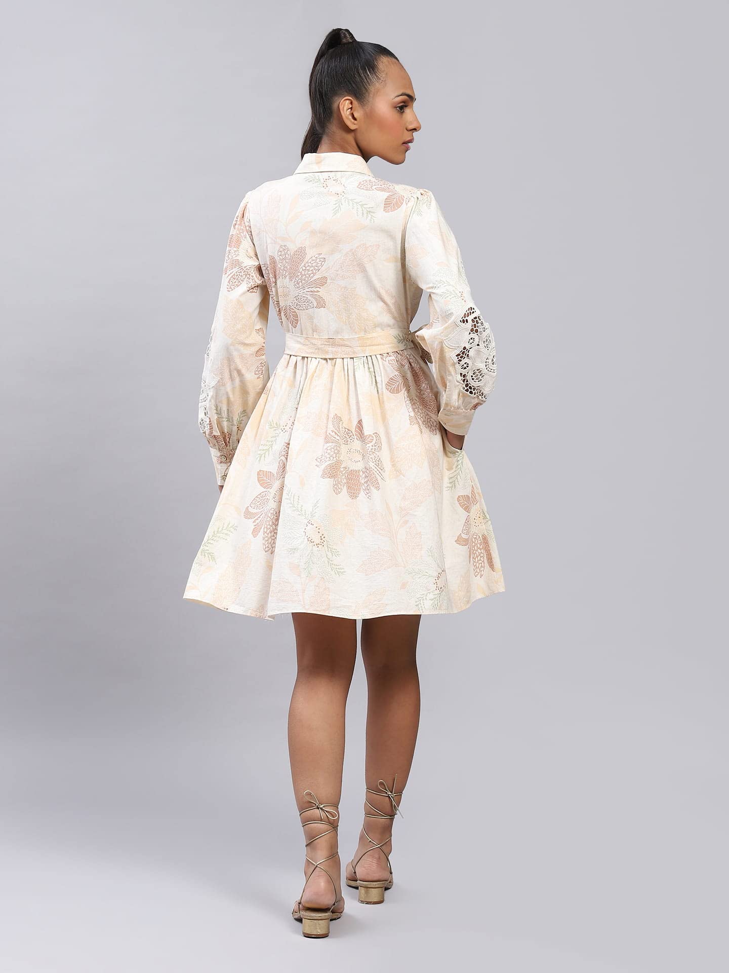 Label RITU KUMAR Ecru Embroidered Tie-Up Short Dress with Inner