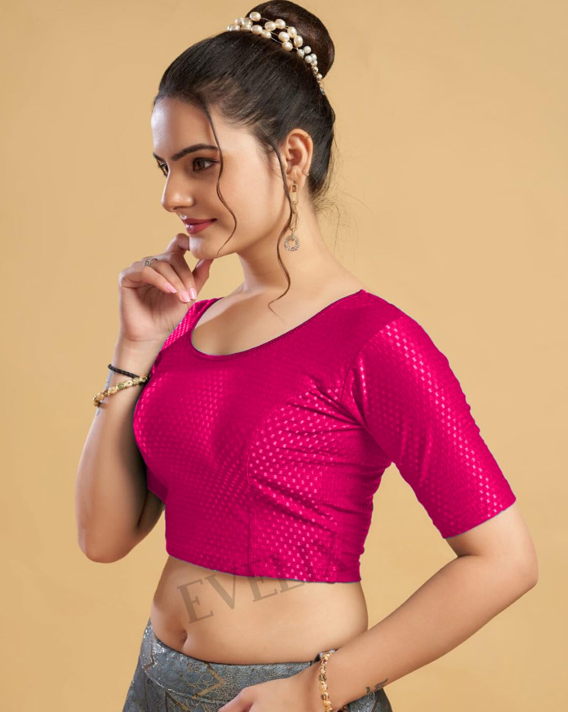 EVELIX Ethnic Designer 3/4 Sleeve Blouse for Women Cotton Lycra, Stretchable, Readymade - Stylish Round Neck Blouse for Saree, Choli, and Lehenga - Pull On Design (Magenta Pink, 40 to 44 (Big Sizes))