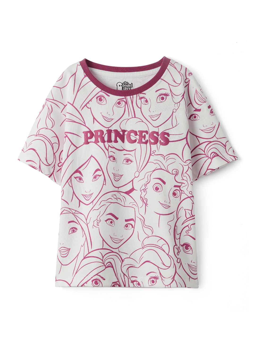 The Souled Store Official Disney: Puff Princess Girls Short Sleeve Round Neck Grey and Pink Graphic Printed Cotton Oversized T-Shirts