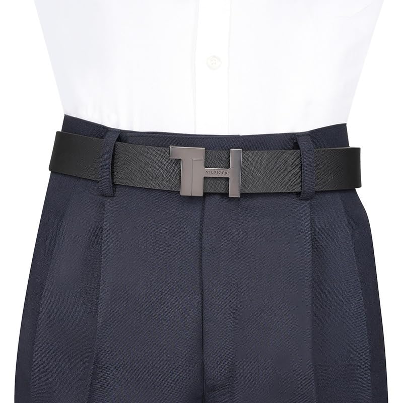 Tommy Hilfiger Men's Belfield Reversible Leather Belt - Th Side Monogram - Dual Black & Tan For Casual Fashion & Gifting | Size M - 90 CM