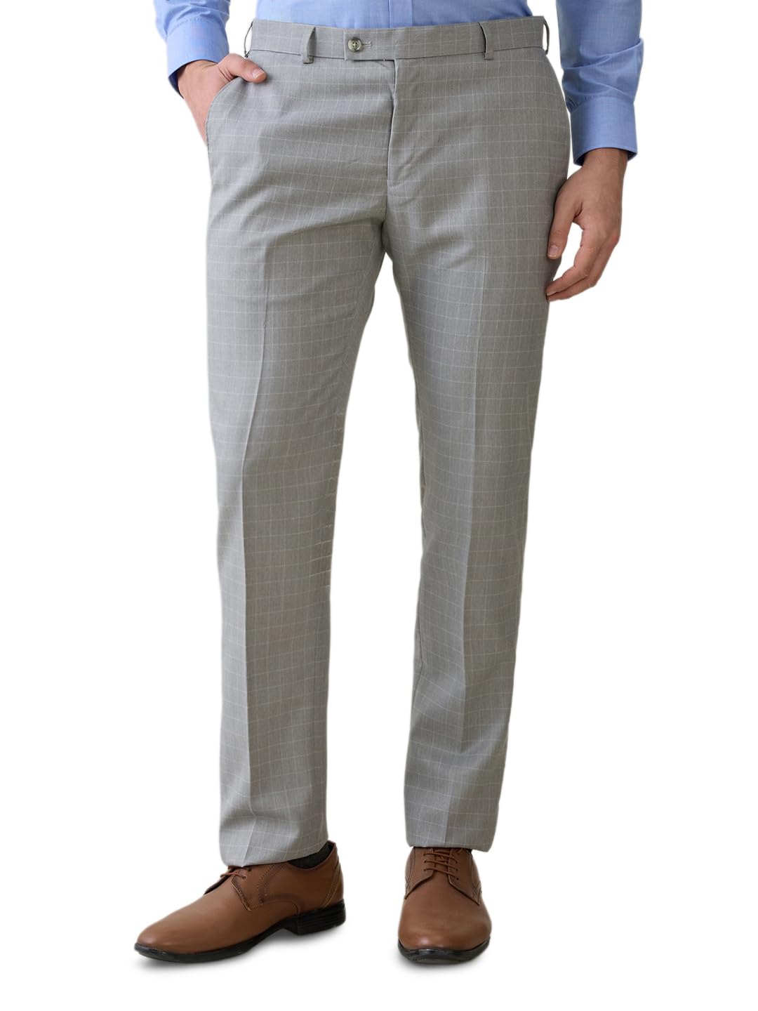 Park Avenue Men Slim Fit Checks Pattern Poly Viscose Blend Flat Front Formal Trouser (Size: 34)-PMTC07765 Medium Grey