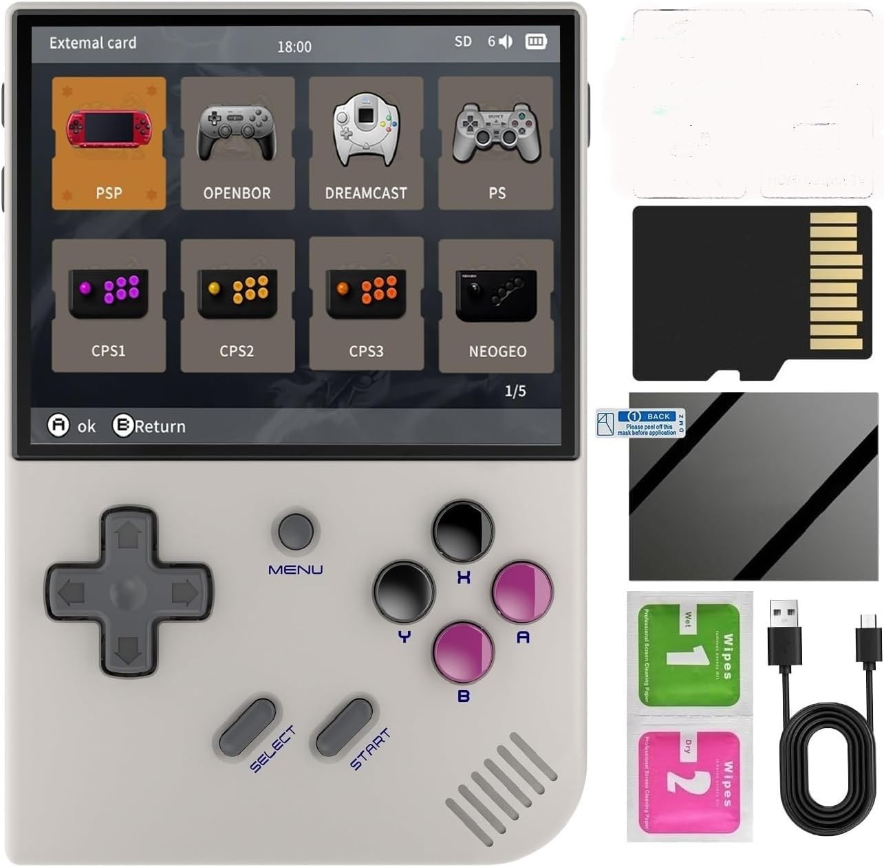 New World Anber-nic RG35XX Plus Handheld Game Console 3.5 Inch IPS Screen Linux OS 64G TF Card with 5000+ Games Classic Emulator Retro Video Handheld Games Consoles Support PSP games (Grey)