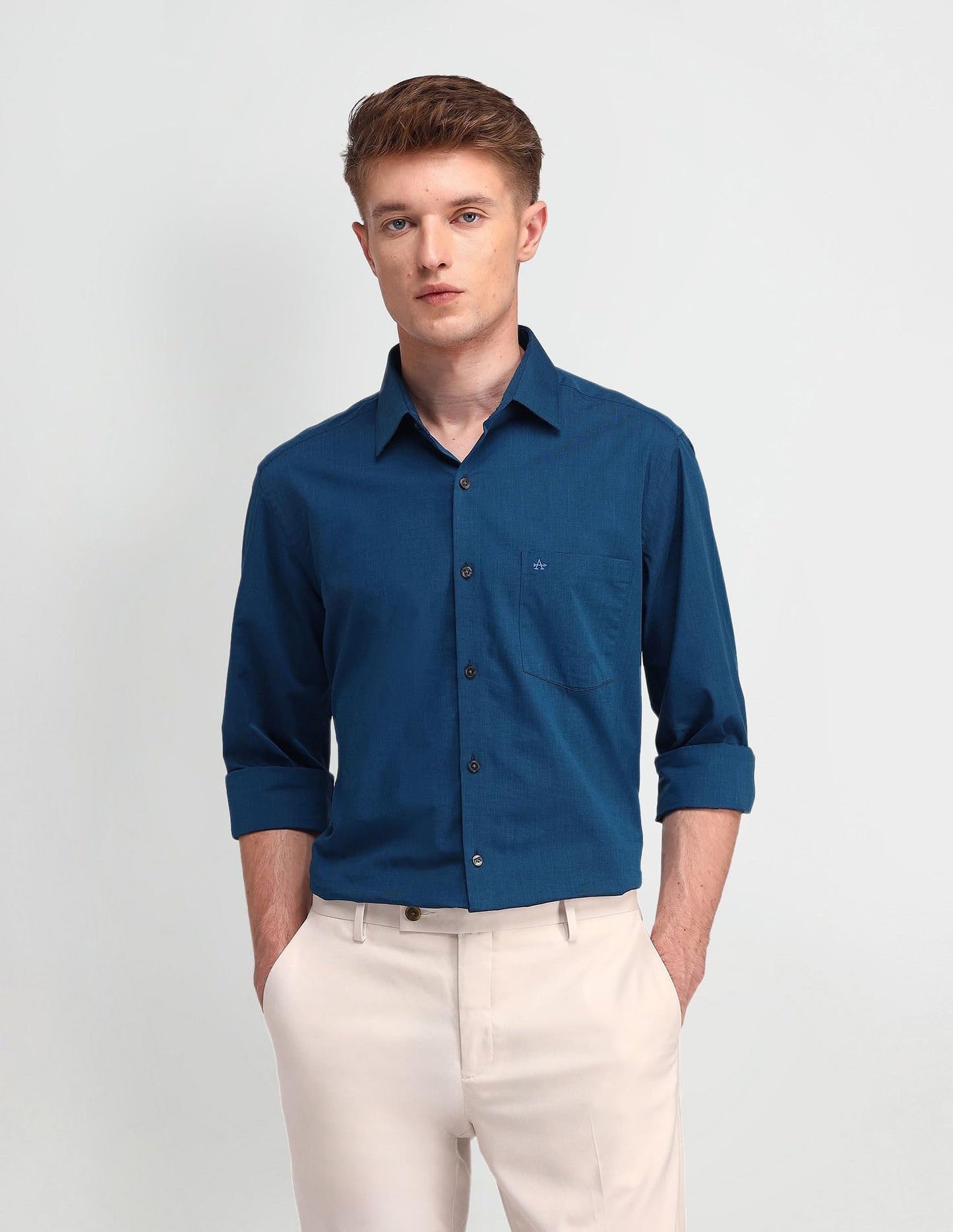 Arrow Men's Blue Solid - Cutaway Collar Full Sleeves Formal Shirt with Chest Pocket | Cotton Fabric | Slim Fit