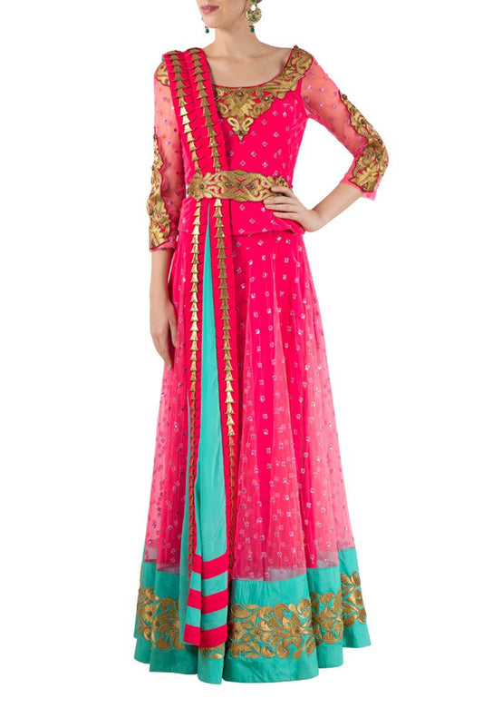 mapxencaRS Fuschia pink net choli & skirt set with textured duppatta & embroidered belt