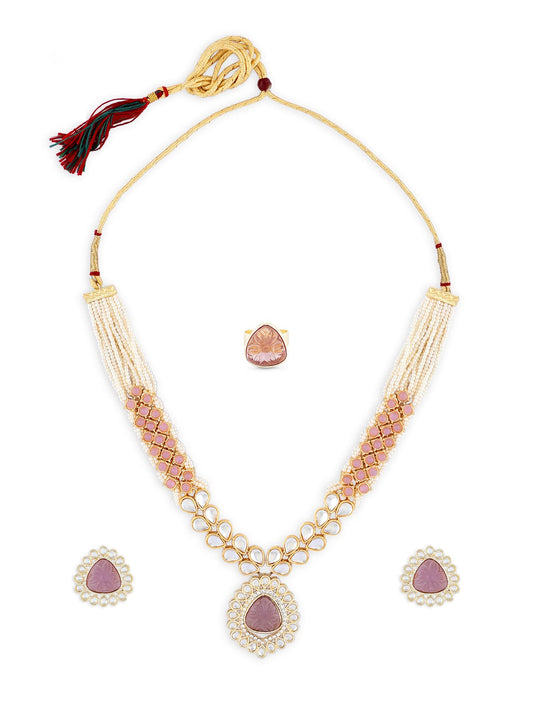 ZAVERI PEARLS Pink Purple Stones Embellished Kundan Necklace Earring & Ring Set For Women-ZPFK15937