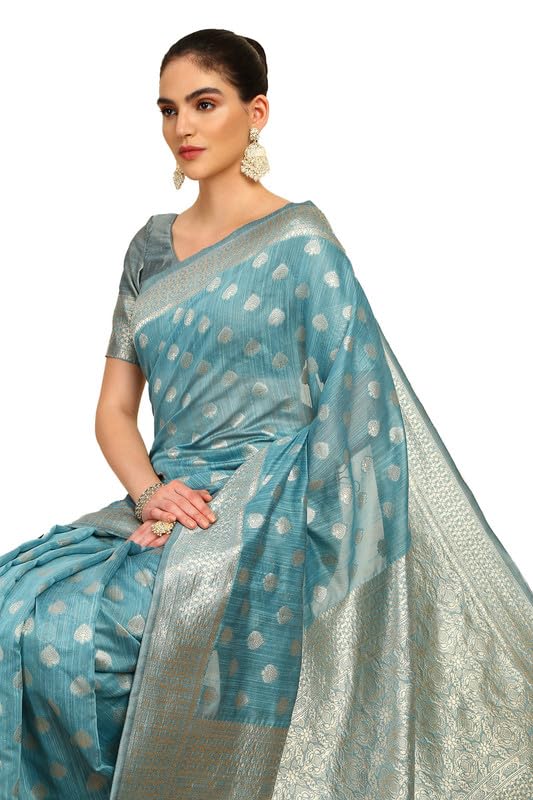 Soch Womens Turquoise Blue Tussar Woven Design Saree With Tassels