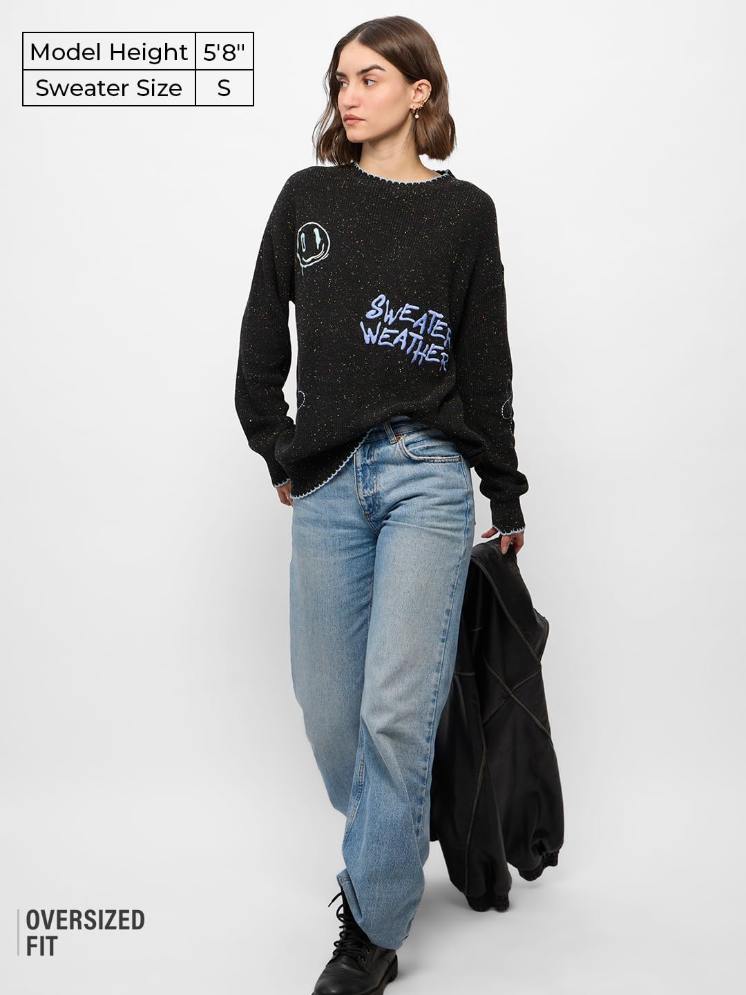 The Souled Store Sweater Weather Women and Girls Oversized Sweater Black