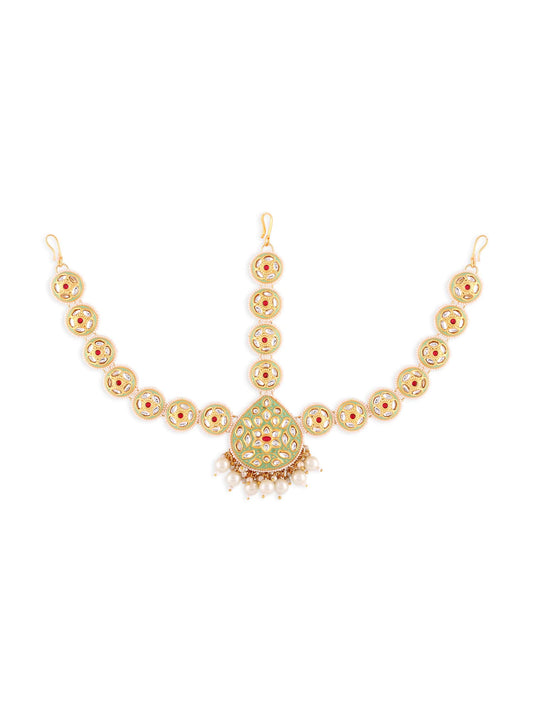 Zaveri Pearls Green Meenakari & Pink Kundan Bridal Floral MathaPatti For Women-ZPFK14450