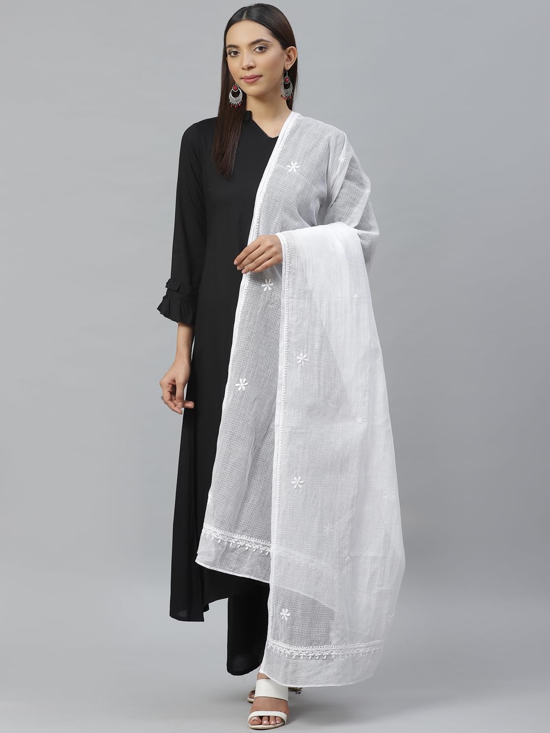 Ada Hand Embroidered Lucknow Chikankari White Cotton Blend Dupatta Stole for Women A511111