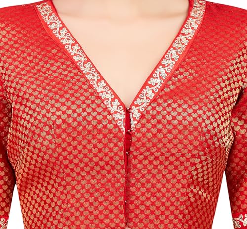 Studio Shringaar Women's Red Brocade Embroidered V-Neck Readymade Saree Blouse (Red, 46)