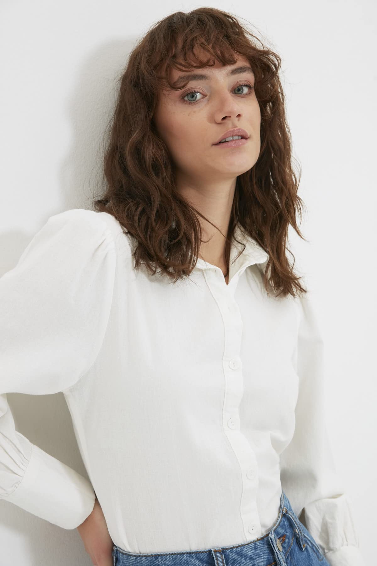 Trendyol Women Regular Basic Shirt Collar Woven Shirt, White, 42