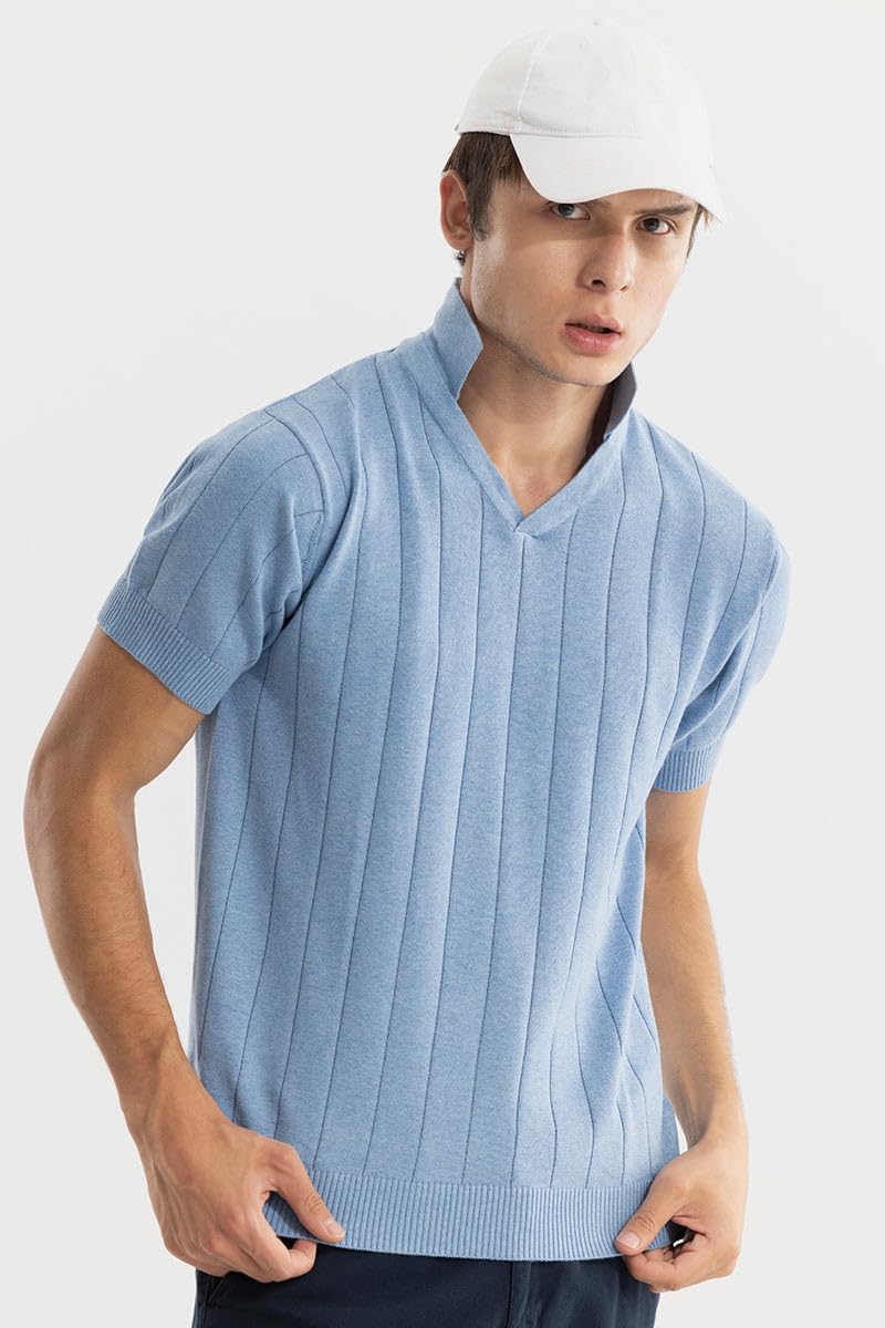 SNITCH Men's Polo T-Shirt | Textured Slim Fit Half Sleeve Self-Design | Breathable 100% Cotton Casual & College Wear Everyday Stylish Polo for Men | Light Blue