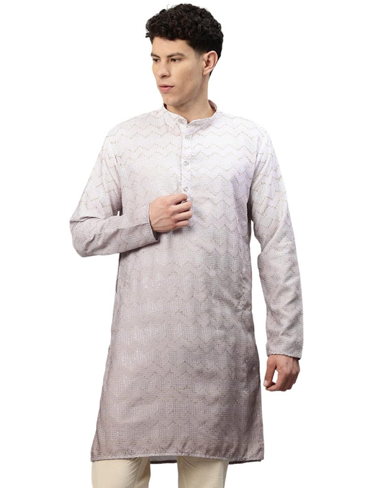 Luxrio Men's Ombre Shaded Sequence Self Embroidered Textured Long Kurta Full Sleeves Beige Size XXL