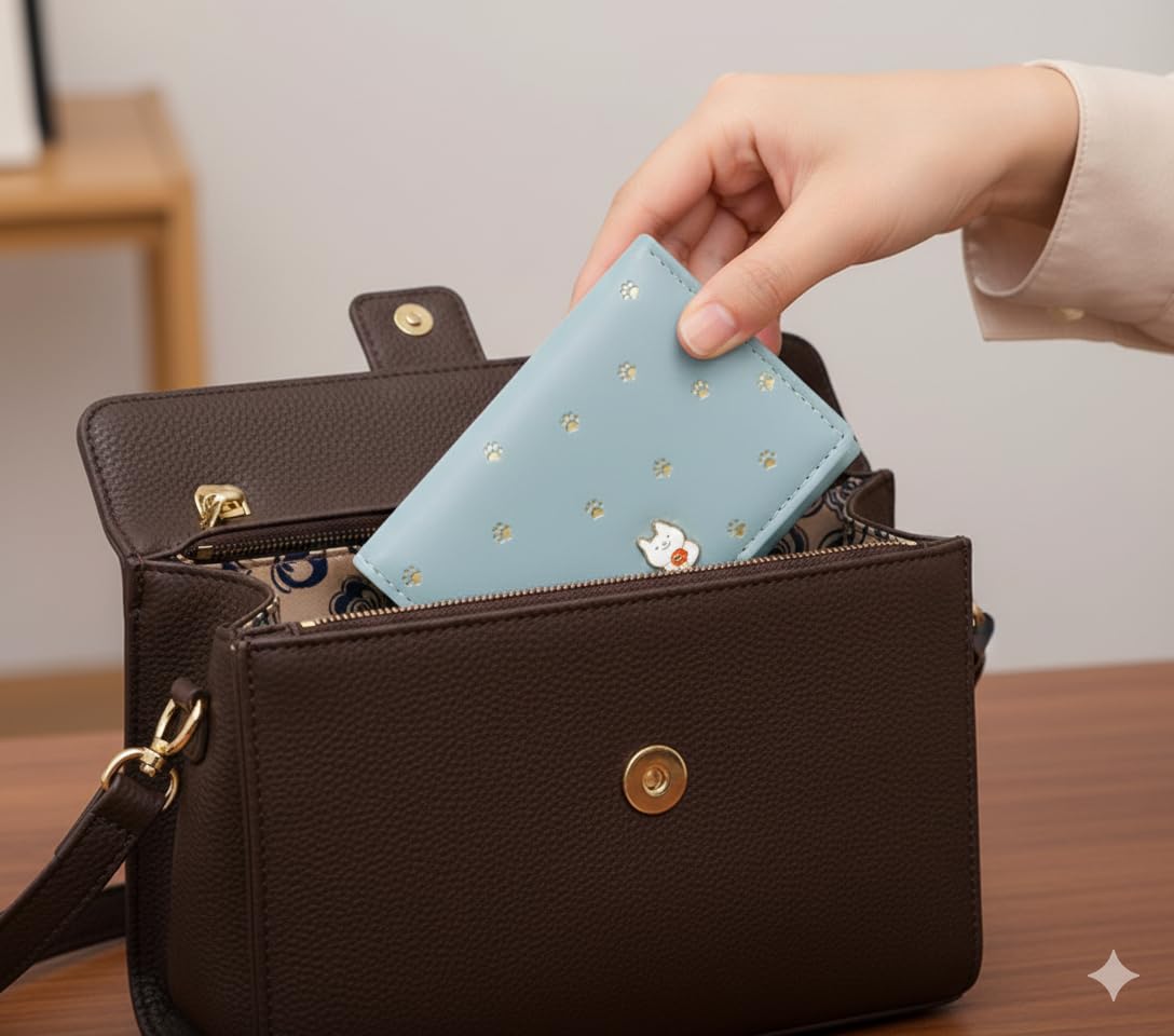 INOVERA (LABEL) Cute Small Wallet for Womens & Girls - Stylish Faux Leather Tri-Fold Cash, Card Holder Hand Purse (Light Blue)