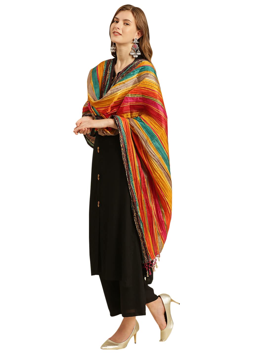 DUPATTA BAZAAR Women's Striped Print Multicoloured Art Silk Crushed Dupatta, Free Size