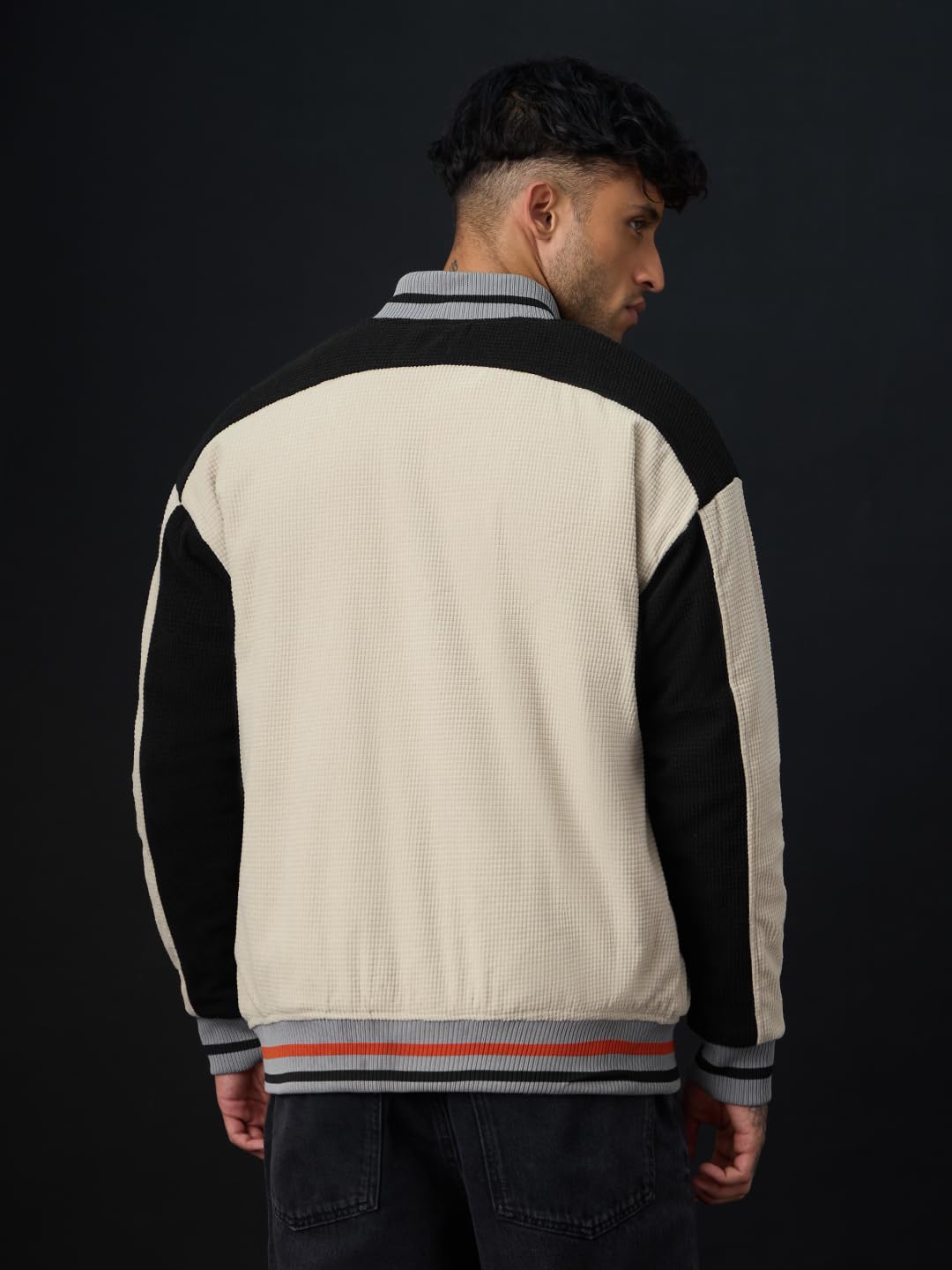 The Souled Store Peanuts: Happy Days Men and Boys Full Sleeves Mandarin Collar Light Beige Typography Embroidered Polyester Oversized Fit Lightweight Everyday Bomber Jacket