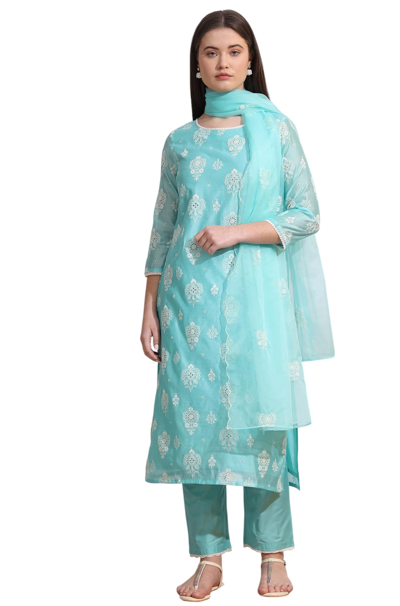 W for Woman Turquiose Blue Schiffli Embroidered Straight Kurta, Pants and Dupatta Set (Size: M)-WS12329-400786