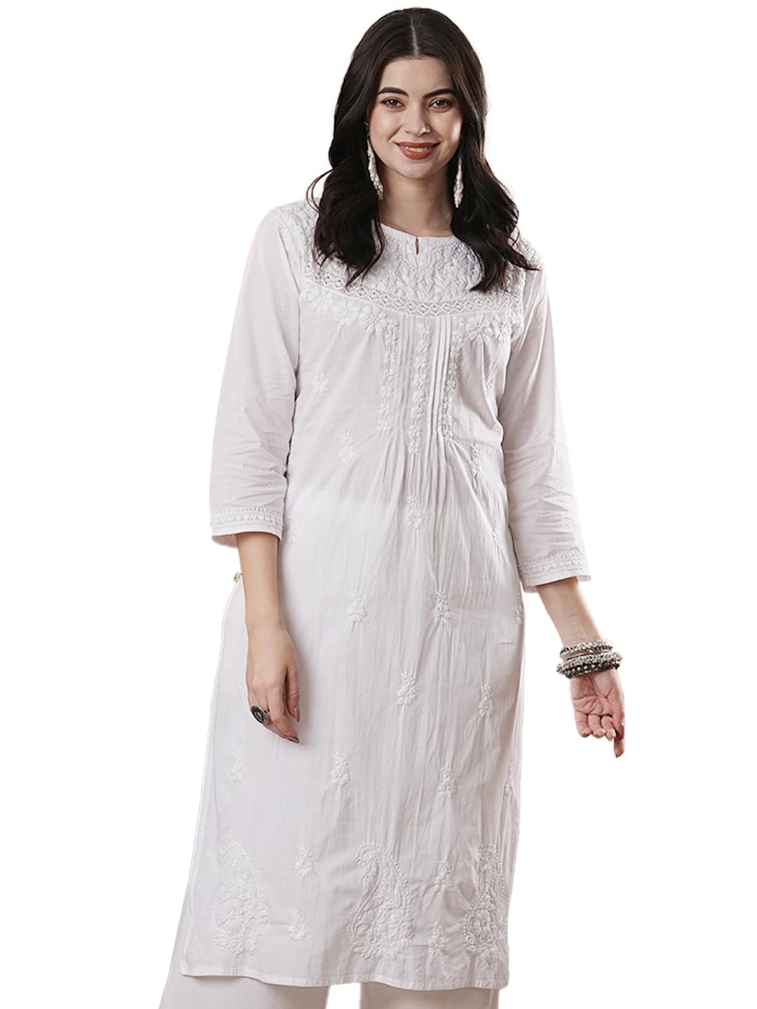 Ada Lucknow Chikankari Cotton Regular Fit Kurta for Women Hand Embroidered Tunic Kurti A332395 White (Large)
