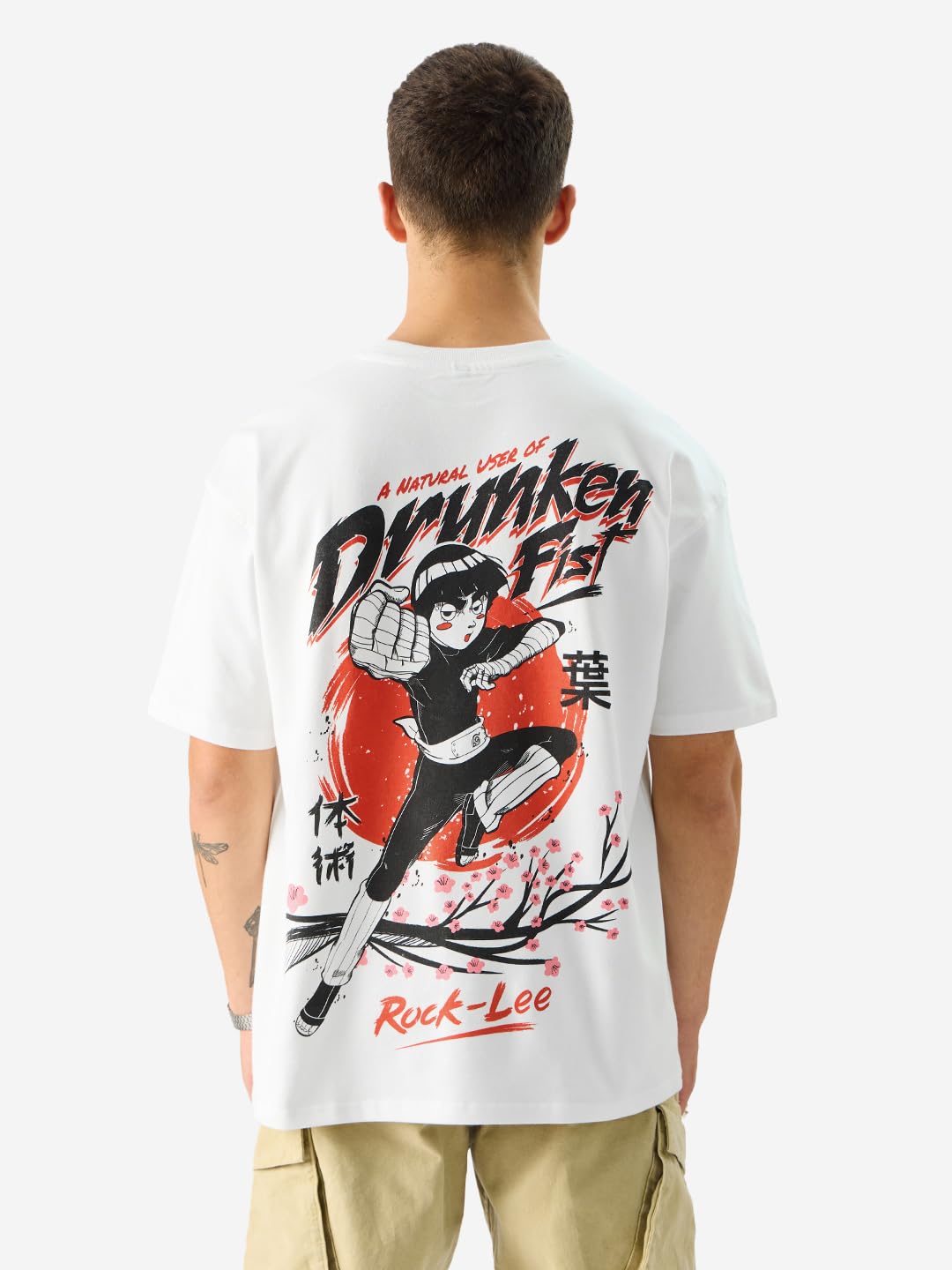 The Souled Store Official Naruto: Drunken Fist Men and Boys Short Sleeves Round Neck White Graphic Printed Cotton Oversized T-Shirts
