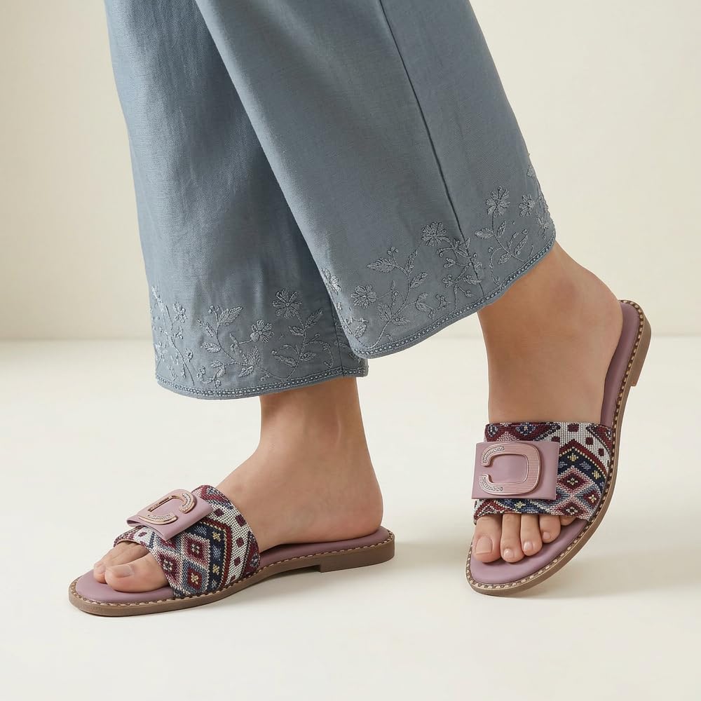 Pluxh Women Printed Toe-Ring Slip-On Sandals with Decorative Buckle | Cushioned Ethnic Casual Flats for Daily |5UK