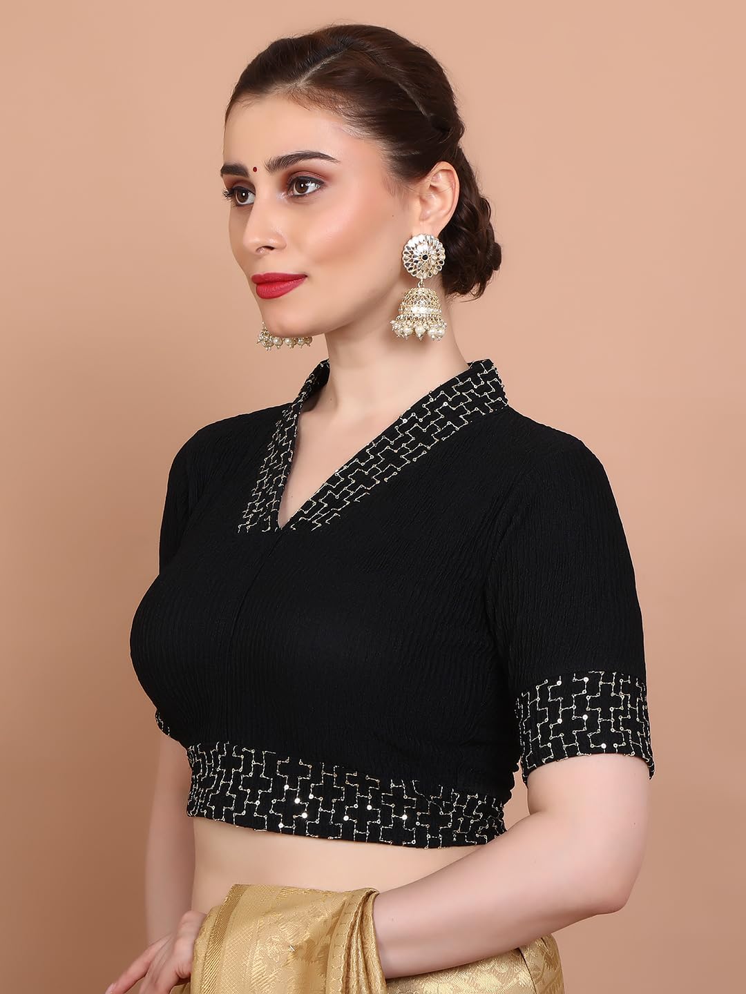 S SALWAR STUDIO Black Lycra Stretchable V Neck Non Padded Readymade Saree Blouse