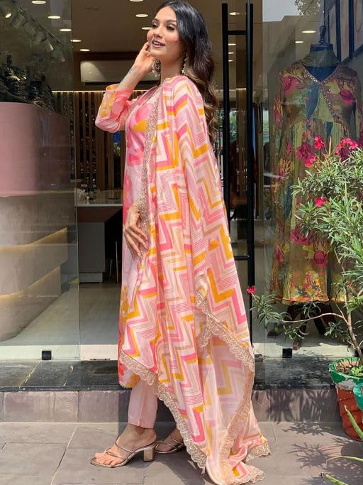 SHIENZY Women's Casual Cotton Blend Floral Printed V Neck Straight Traditional Suit Salwar with Dupatta || Matching Kurta Pant Sets || Festive Ethnicwear (1501SHZ_PNK_XL) Red