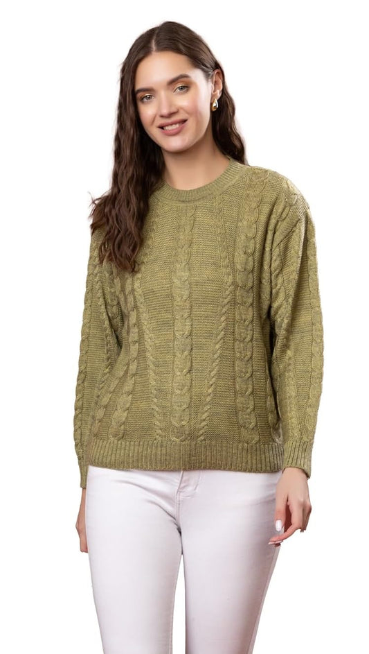 Style Dusk Women Sweater for Winter Woolen Full Sleeves Round Neck Cable Design Stylish Sweater for Winter Season (in, Alpha, 2XL, Olive)