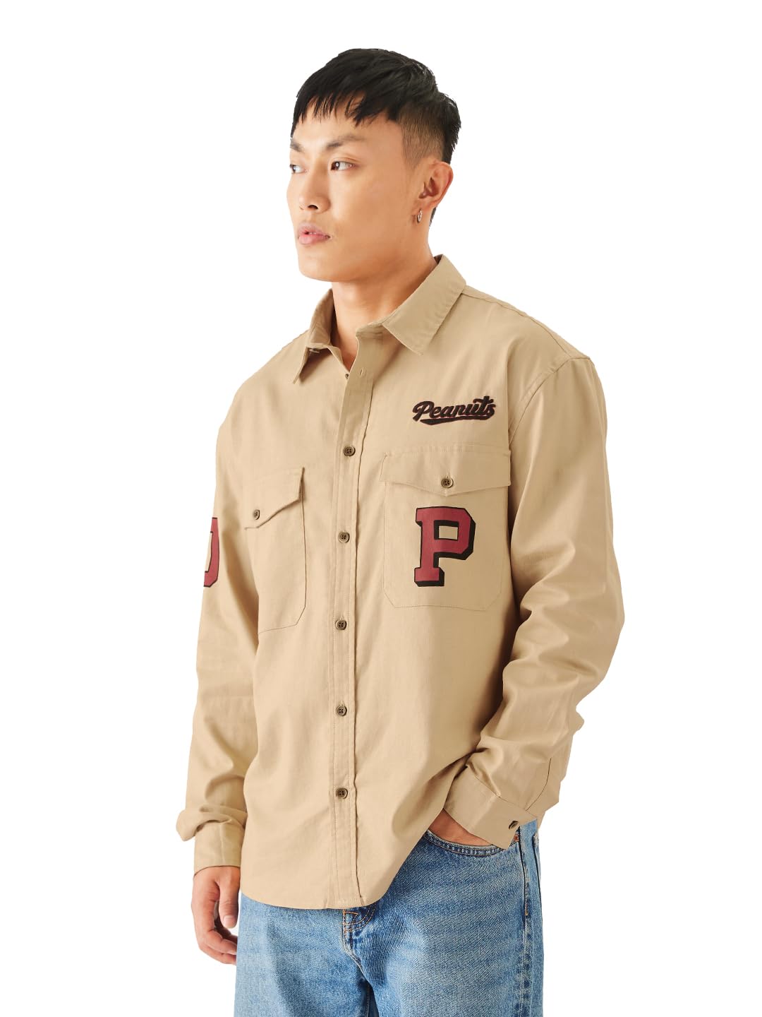 The Souled Store Official Peanuts: Big 50 Men and Boys Long Sleeve Collared Neck Button Down Brown Graphic Printed Regular Fit Cotton Utility Shirts