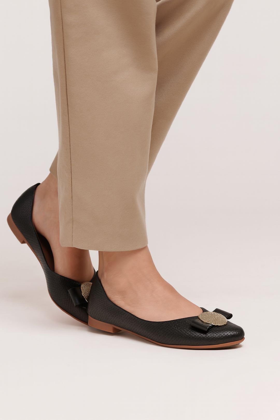GLEMATOZ Women's Black Ballet Flats – Textured Slip-On Bellies with Decorative Bow & Gold Button | Elegant Casual & Office EU40