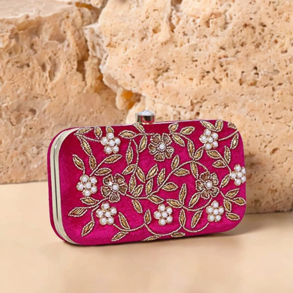 DUCHESS Women's Velvet Zari Zirkon Box Clutch Purse (Fuchsia)