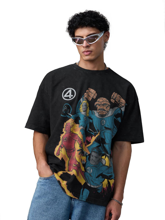 The Souled Store Marvel: Fantastic Four Men and Boys Short Sleeves Round Neck Black Graphic Printed Cotton Lightweight Breathable All-Season Oversized T-Shirt