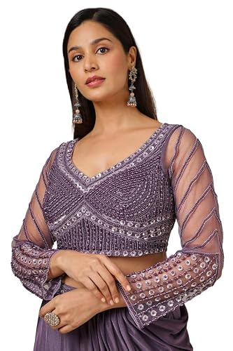 Soch Womens Purple Beads Embellished Nylon Blend Ready-To-Wear Saree
