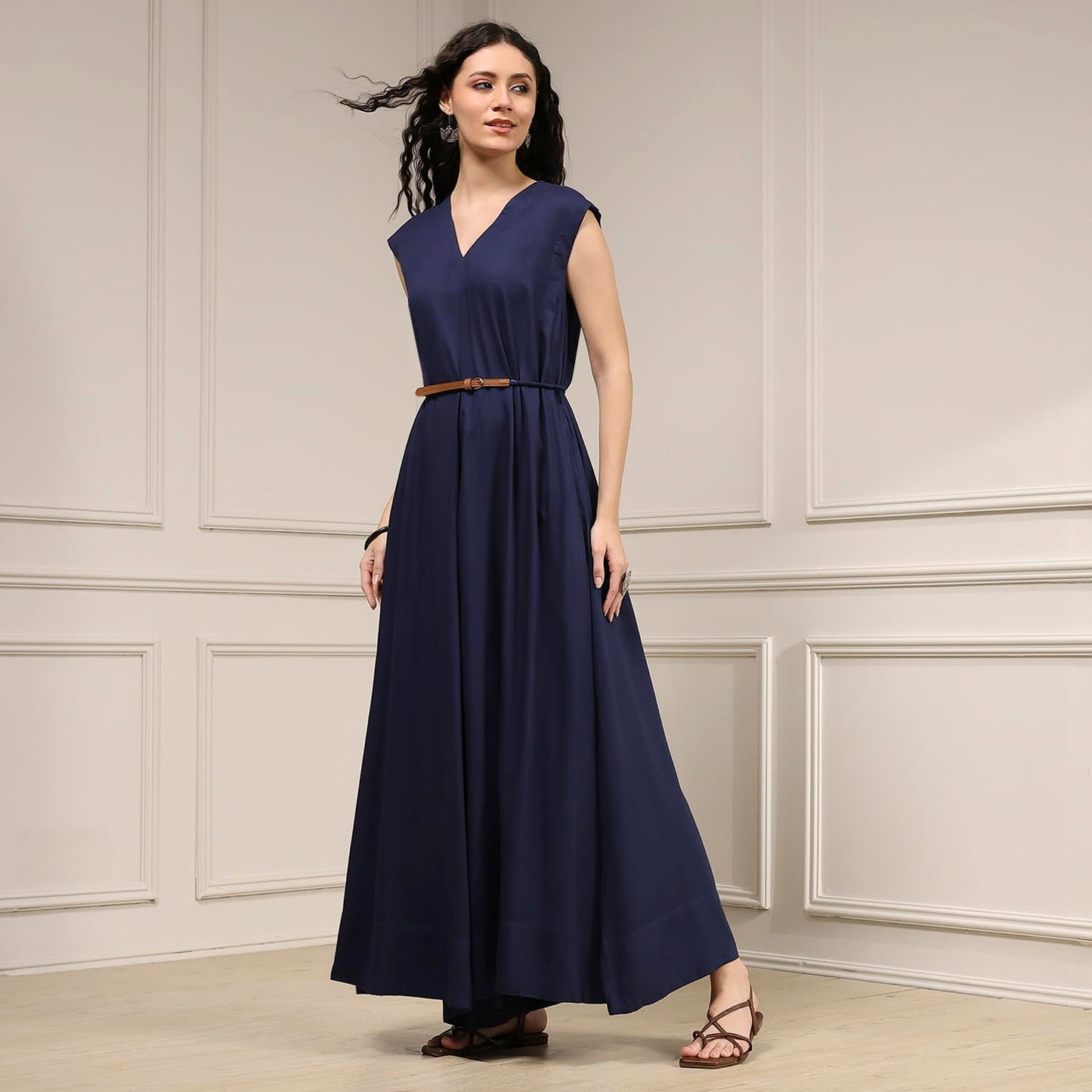 Biba Women's Rayon Asymmetric Floor Length Jumpsuit (RTRDMA31112AW25NVY_Navy Blue