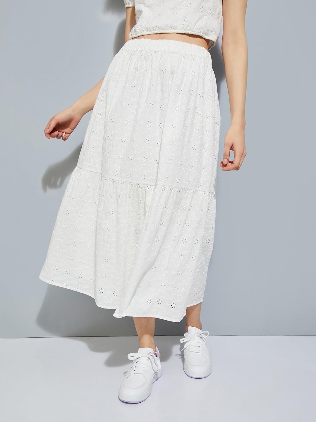 Max Cotton URB_N Women Schiffli Midi Skirt (VIVA06IVORY)_S, Small