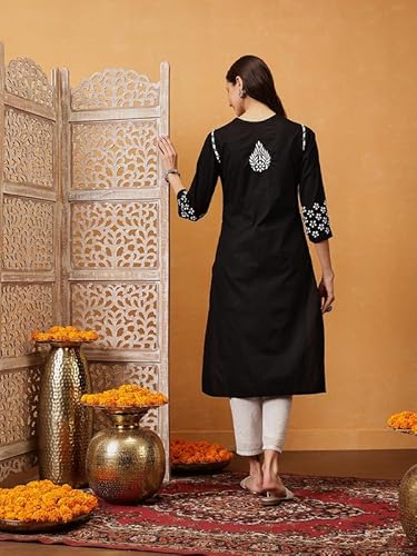 Ada Hand Embroidered Lucknowi Chikankari Cotton Kurta Kurti for Women A411750 Black (XL)