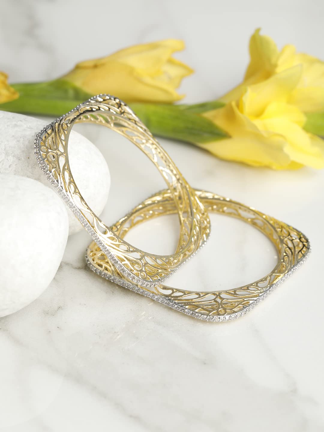 Priyaasi American Diamond Gold Plated Floral Set of 2 Bangle Set for women (2-6)