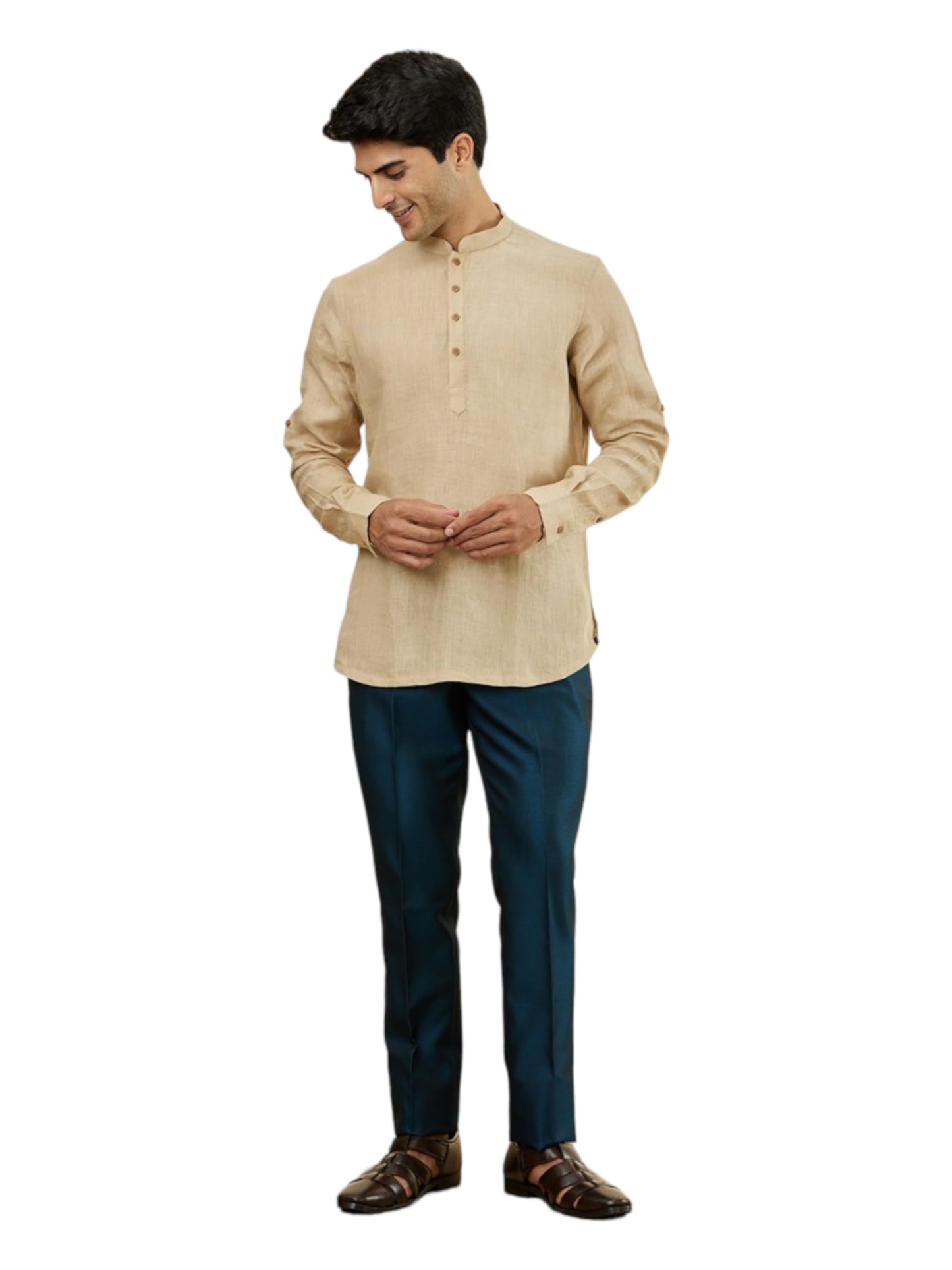 Manyavar Mens Fawn Linen Short Kurta