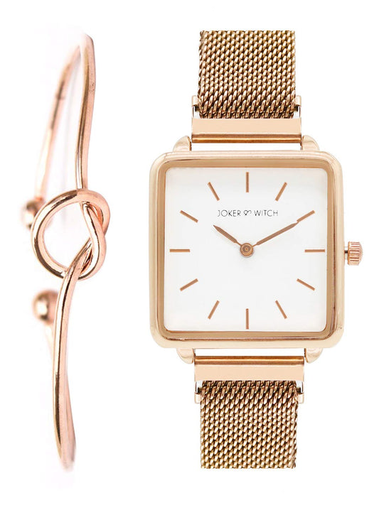 Joker & Witch Stainless Steel Glow Rosegold Analogue Watch Bracelet Set For Women, White Dial, Rose Gold Band