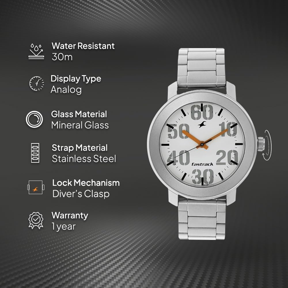 Fastrack Casual Analog Stainless Steel White Dial Silver Band Men's Watch-NL3121SM01/NP3121SM01