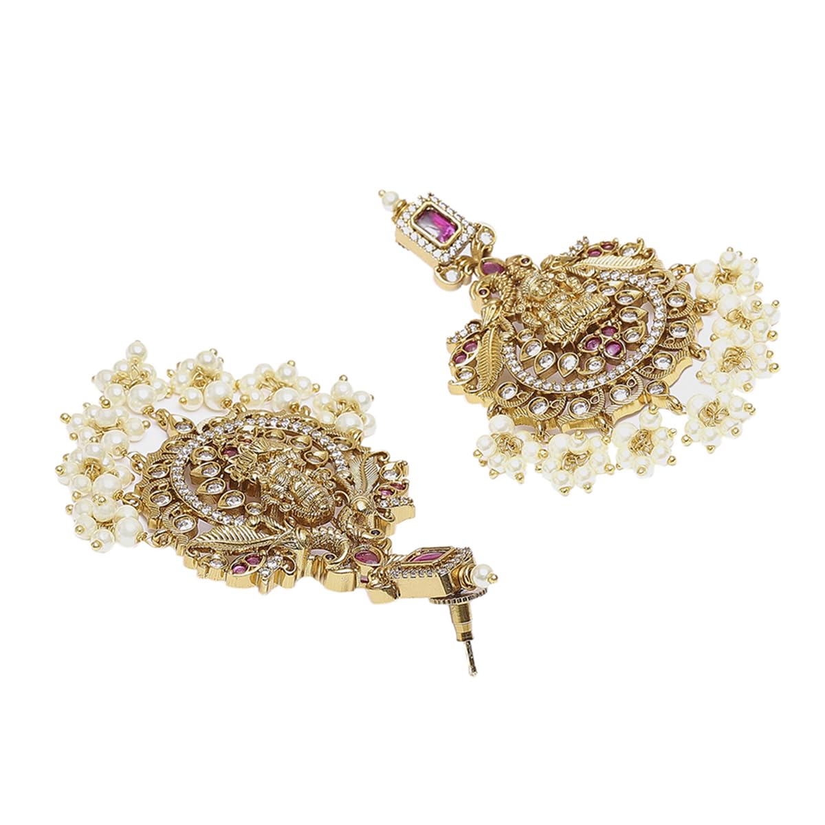 VOYLLA Antique Inspired Opulent CZ and Faux Pearls Multi-Strand Brass Gold Plated Jewellery Set