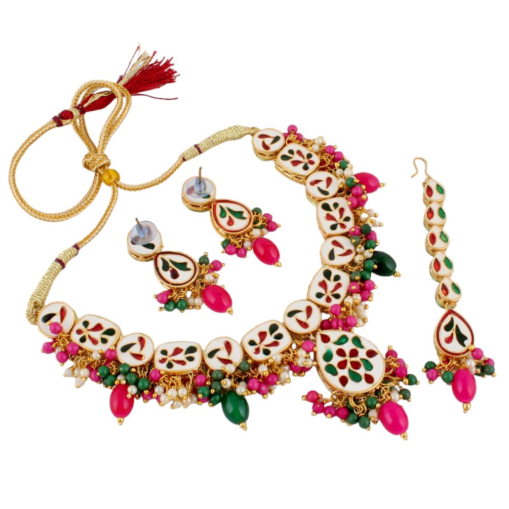 Lucky Jewellery Womens Meenakari 18k Gold Plated Multi Color Tika Earring Combo Uncut Big Faux Kundan Choker Necklace Set (911-J5SK-1817-RG)