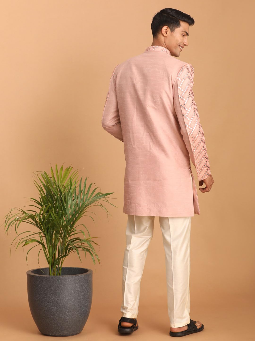 VASTRAMAY Men's Pink Silk Blend Sherwani Set | Trend setting Men's Indowestern Style Mirror Work Sherwani.Comes with Pant Style Pyjama.