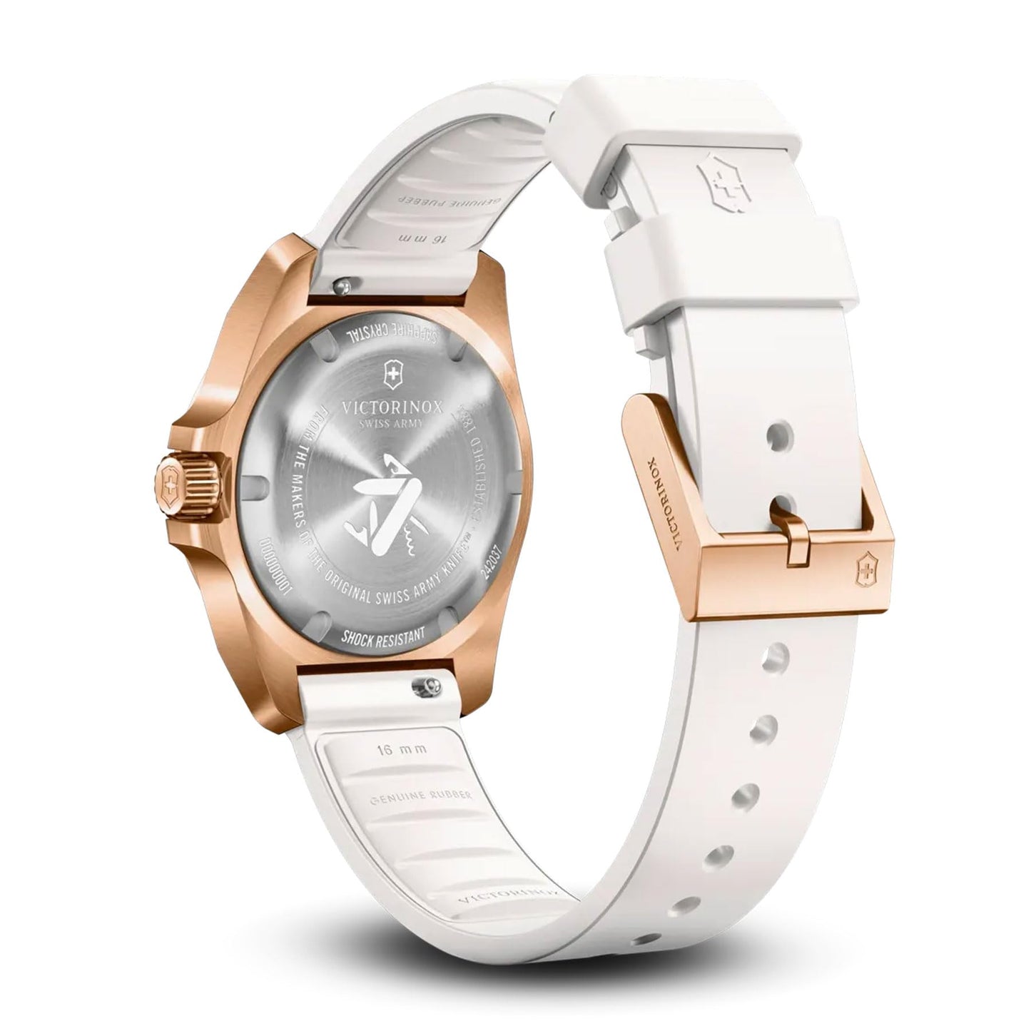 Victorinox I.N.O.X. Small, Swiss Made Analog Women's Watch | White Dial, 32 MM, 100M Water Resistant, PVD Gold Stainless Steel Case, Quartz Movement, White Rubber Strap | 242037