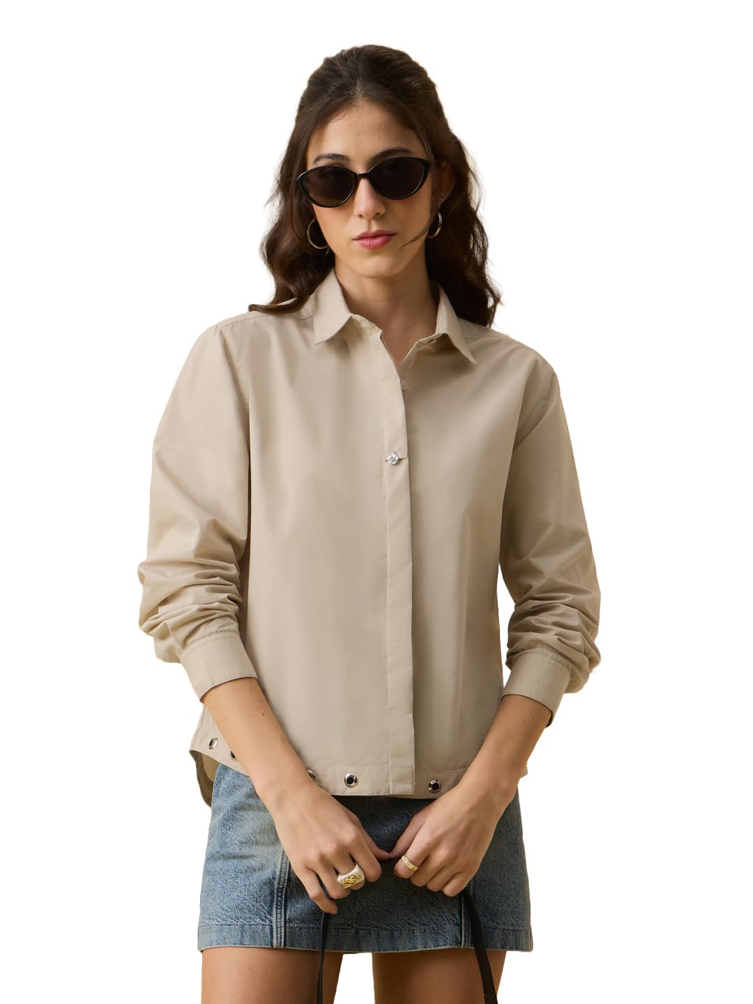 The Souled Store Easy Solids: Buttercream Women and Girls Full Length Sleeves Spread Collar Light Beige Solid Cotton Polyester Relaxed Fit Metal Rivet Detail Lightweight All-Season Shirt