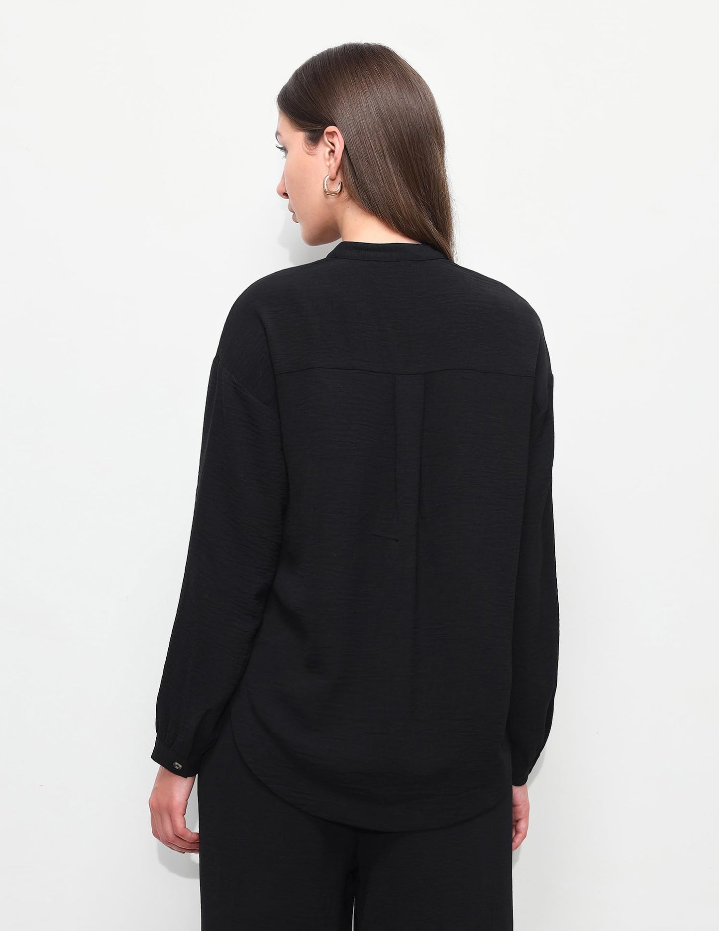 U.S. Polo Assn. Women Women's Solid Relaxed Fit Mandarin Shirt (UWSS26SHT334_Black_S)